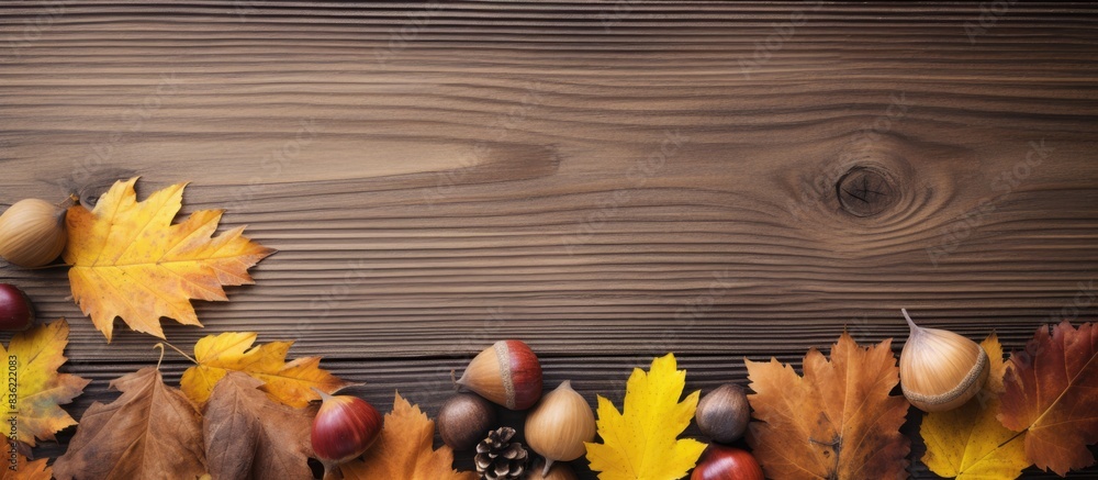 Poster fall-themed arrangement featuring dried oak tree leaves, acorns, and chestnuts on a soft-hued surfac