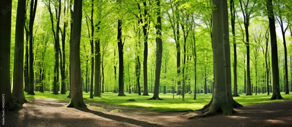 Poster view of a vibrant beech forest in spring from a lower perspective, with room for copy space image.