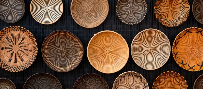 Colorful East African home decor displayed using traditional handwoven Rwandan grass baskets on a wall, creating a backdrop with a copy space image.