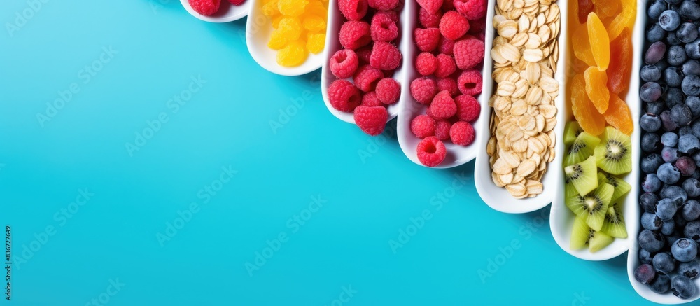 Poster top view of cereal bars displayed on a vibrant pastel backdrop with ample copy space image.