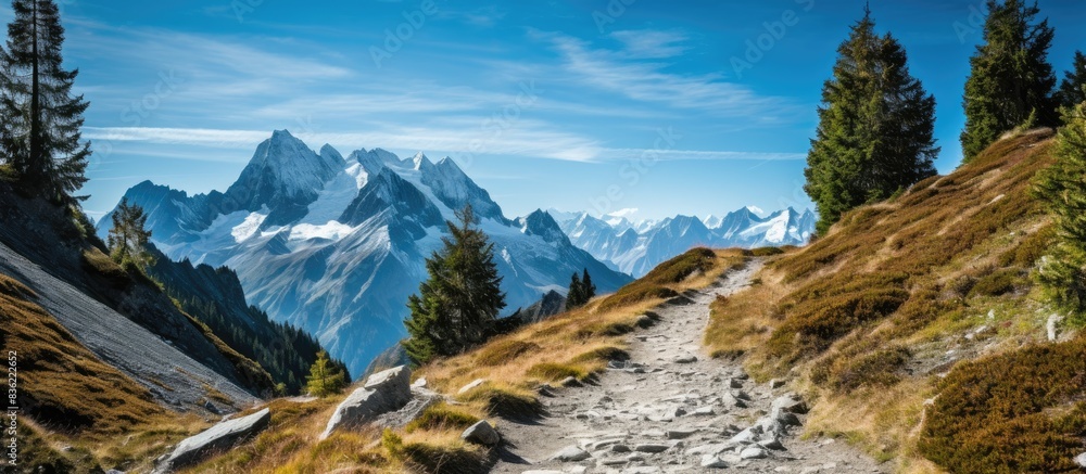 Poster scenic mountain range with a misty morning fog creating a picturesque background ideal for a copy sp