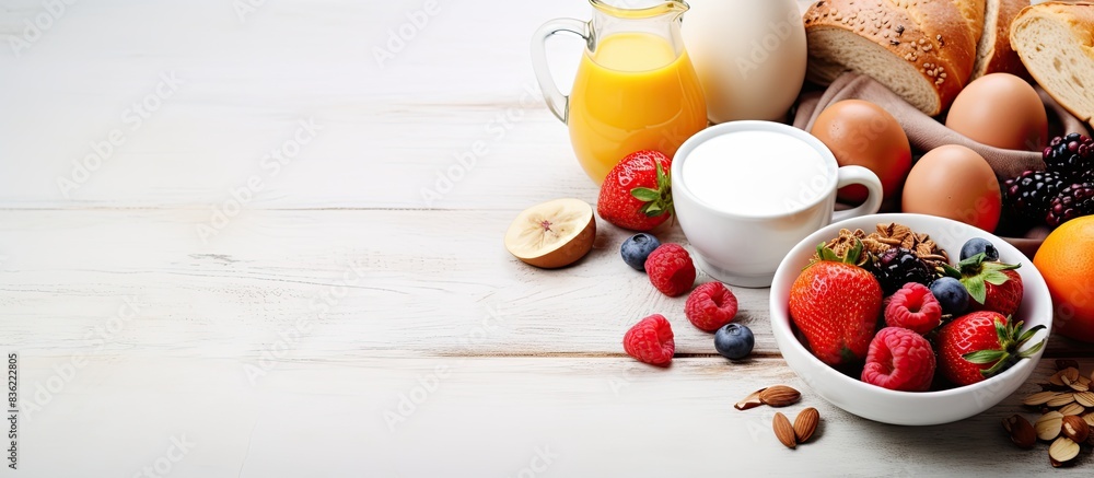 Poster breakfast spread featuring nutritious food on a rustic wooden surface with ample copy space image. t