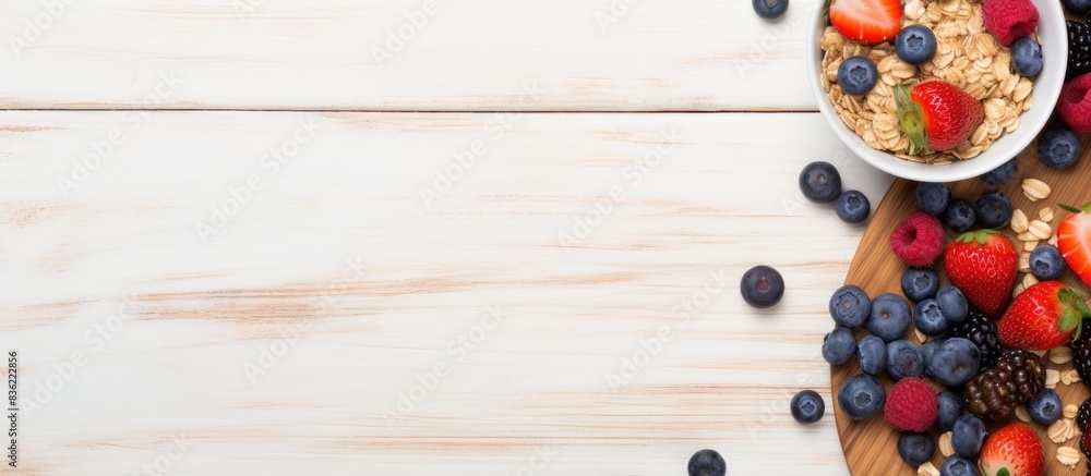 Poster top view of a glass jar filled with homemade granola and berries against a white background, with sp