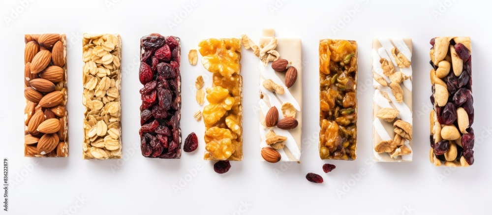 Poster a granola energy bar with assorted nuts for a healthy snack, shown in a top view on a white backgrou