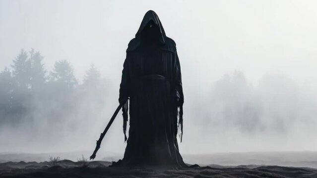 Eerie Dawn Mist A Minimalistic Photo of the Grim Reaper Symbolizing Fate. Concept Minimalistic Photography, Dawn Mist, Symbolic Imagery, Grim Reaper, Fate