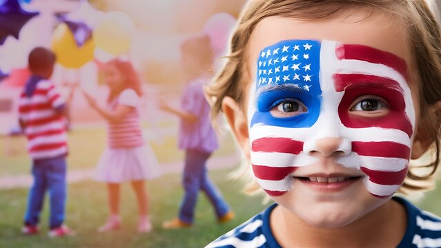 4th of July with Child's Face Paint of American Flag and Festive Activities in Soft Blur
