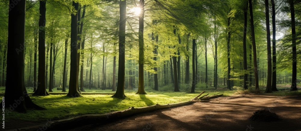 Poster a scenic forest with fresh green deciduous trees and sunlight filtering through, creating a pictures