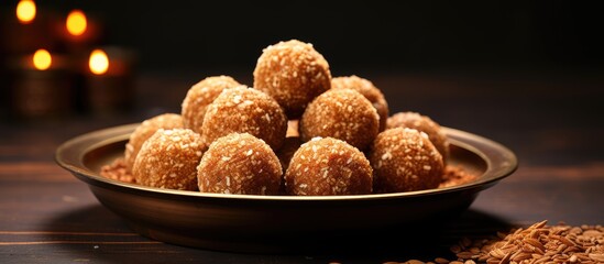 Indian sweets known as Wheat or Atta Ladoo featuring a copy space image.