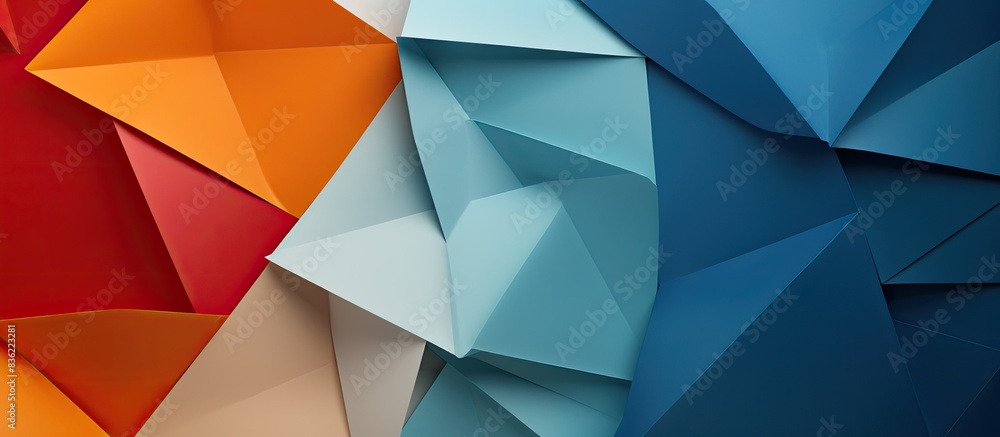 Poster an abstract image with colorful origami patterns created from curved paper sheets with a copy space 