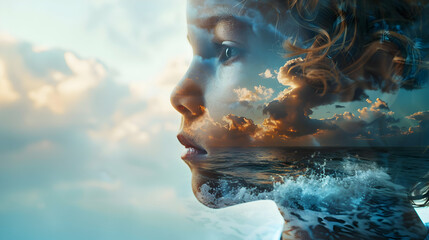 Child profile merged with rising sea levels: Climate change challenges for youth in Photo Stock Concept