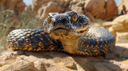 Naklejka premium Close-up of a snake in a natural desert setting, showcasing vivid scales and alert eyes.