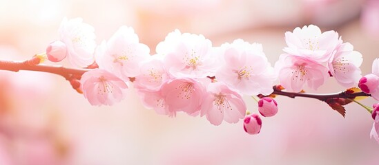 Cherry blossom trees in bloom against a sky backdrop, offering a refreshing spring scene with delicate white flowers and lush green leaves in the foreground, perfect for a copy space image.