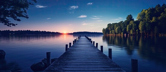 Viewing a serene Wisconsin lake from the end of a pier at dusk with copy space image.