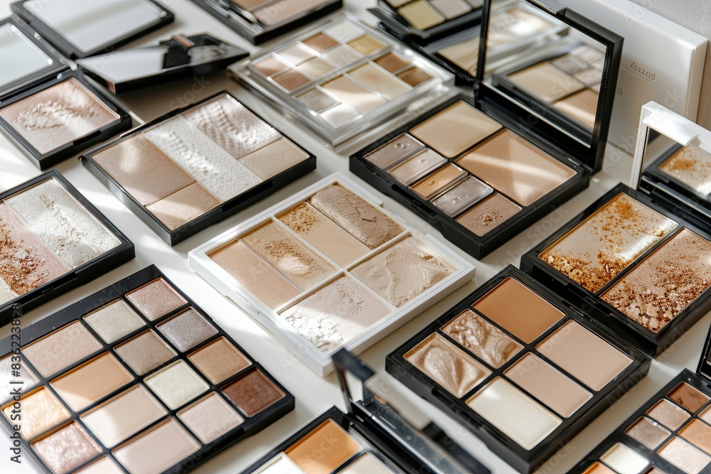 Poster a flat lay of various contouring palettes and highlighters on a light background. generative ai