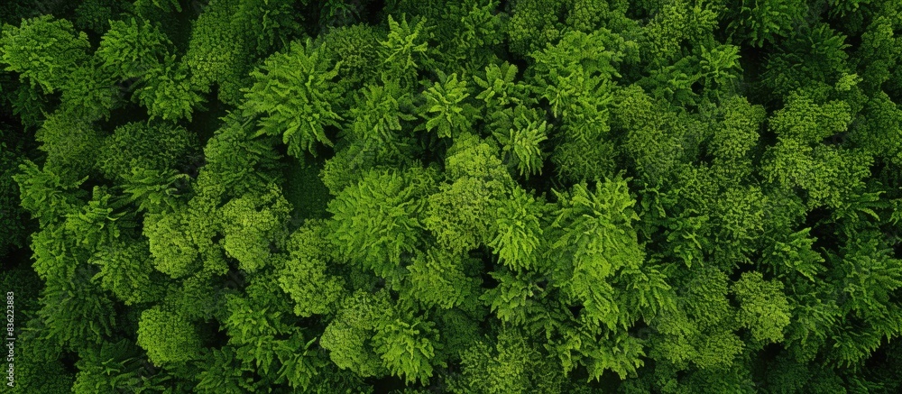 Poster a bird's eye view of a summer forest with a diverse mix of green deciduous trees bathed in soft natu