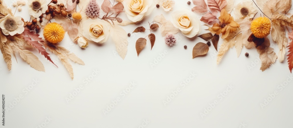 Poster decorative vintage floral frame on a minimal flat lay background with dry flowers, ideal for design 