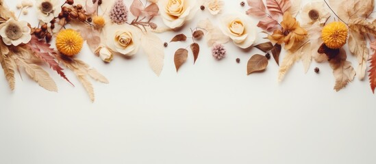Obraz premium Decorative vintage floral frame on a minimal flat lay background with dry flowers, ideal for design projects with copy space image.