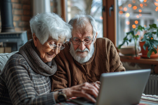 A senior couple looking at a laptop together, senior citizens using technology