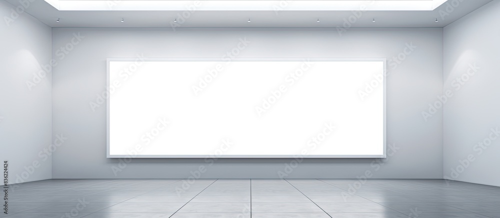 Poster man standing in a gallery room, observing the vacant frames with copy space image potential.