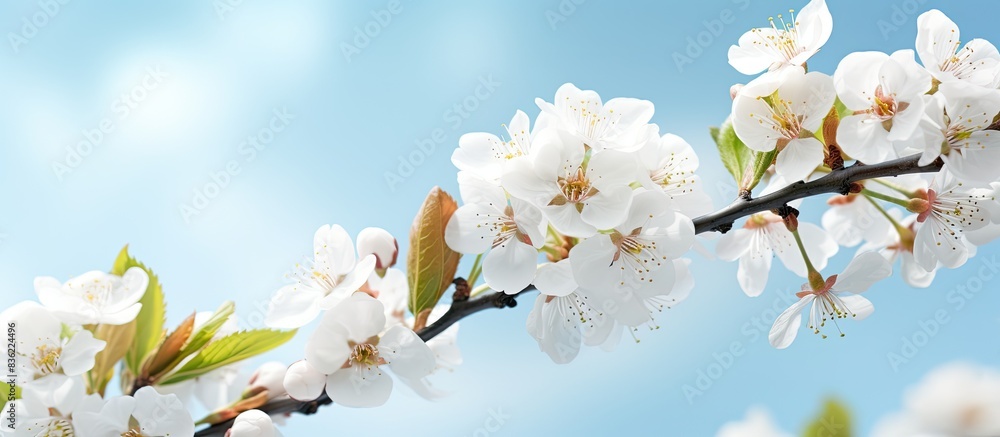 Poster selective focus nature shot of a flowering tree in the garden with copy space image.