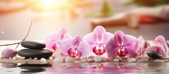 Spa salon concept featuring a pink orchid, candle, and stones on a wooden background with copy space image.