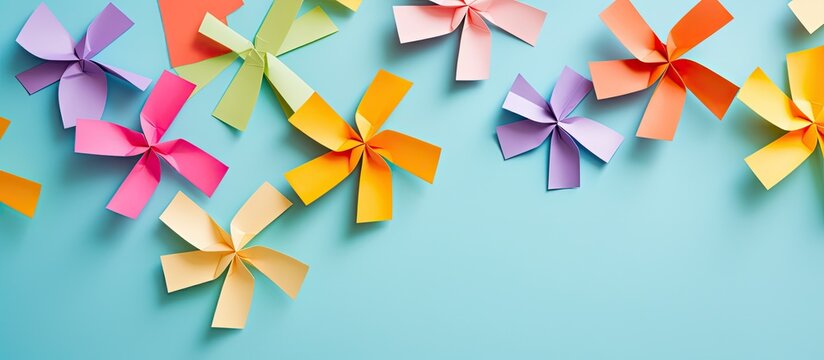 Simple windmill origami craft for kids with copy space image.