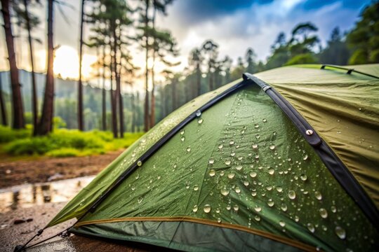 Raindrops patter gently on the roof of a tent pitched in a serene natural setting, enhancing the experience of outdoor adventure and camping amidst nature's