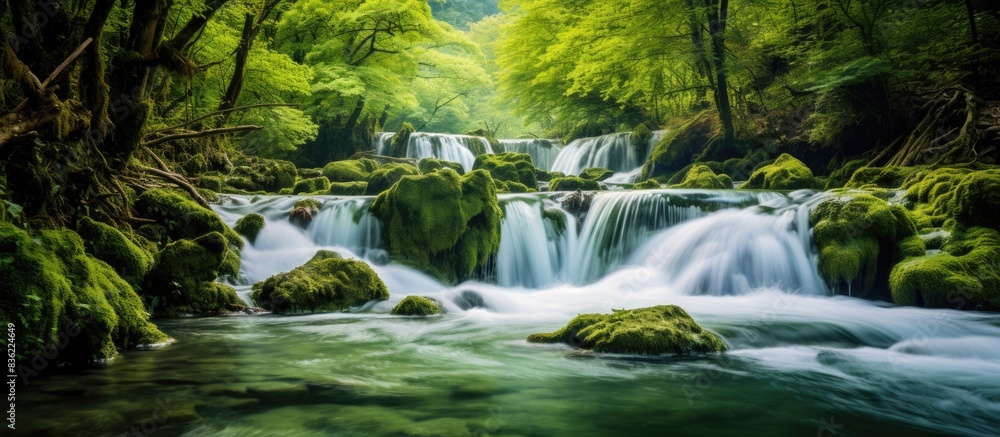 Poster forest background with a tranquil stream, perfect for your design with copy space image.
