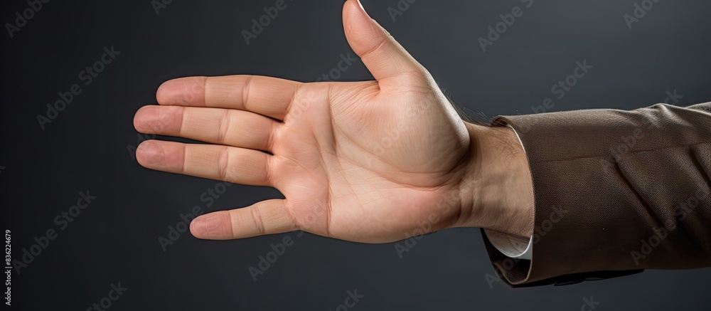 Poster close-up image of a man holding an object on a gray background with copy space.
