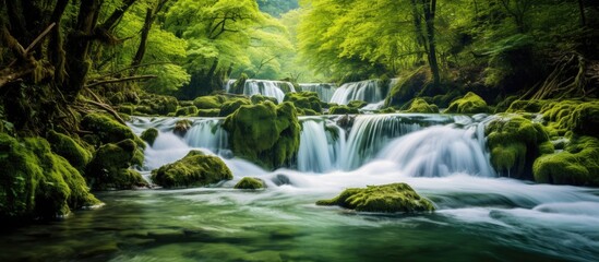 Fototapeta premium Forest background with a tranquil stream, perfect for your design with copy space image.