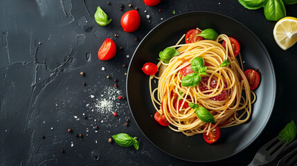 Dark plate with Italian spaghetti on a dark background.