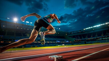 A sprinter bursts from the blocks, feet off the ground, stadium lights highlighting their determination.