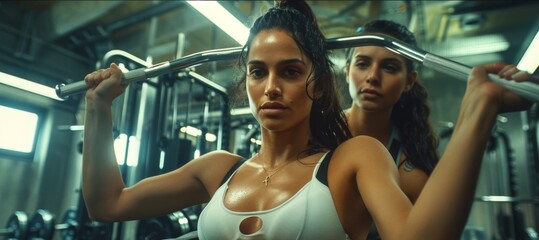 Fototapeta premium A fitness trainer assists a focused young woman lifting a barbell in a modern gym.