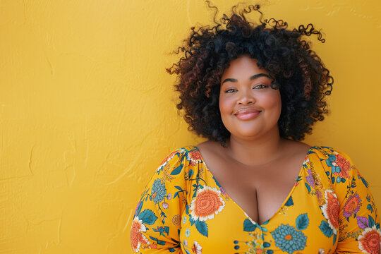 A happy plus-sized model with curly hair standing in front of a vibrant yellow wall