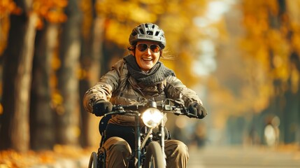 A cheerful woman in a helmet riding a handcycle in an autumn park with golden leaves.