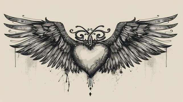 Bohemian blackwork heart tattoo with wings and dotwork Mystical love symbol design for t shirt poster textile
