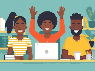 Three animated business people celebrate with a high-five in a cheerful office setting.