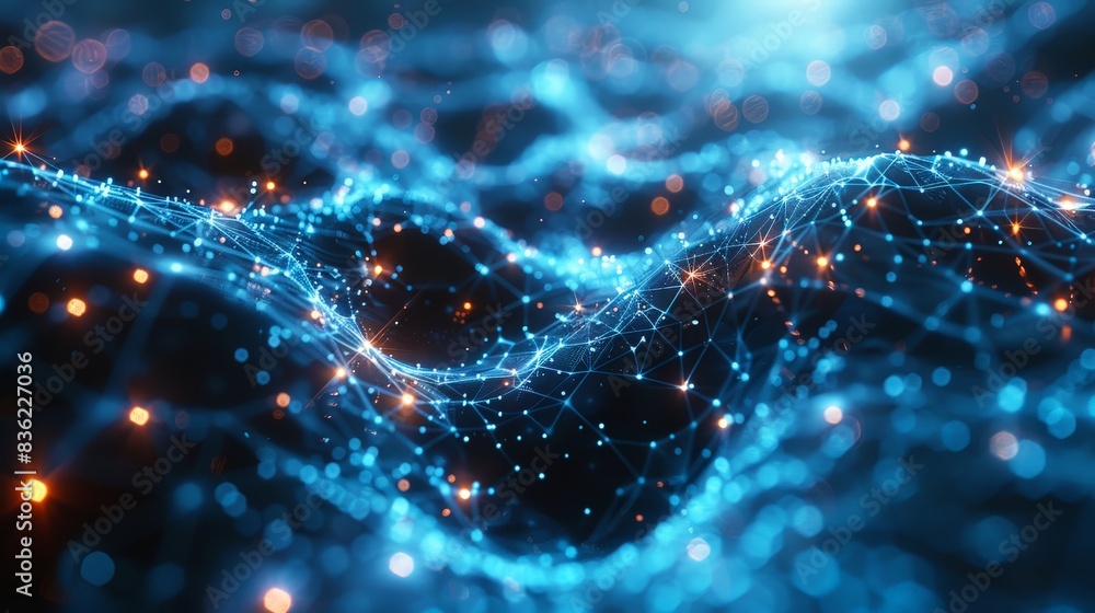 Poster abstract background with glowing blue waves and network connections, symbolizing the power of artifi