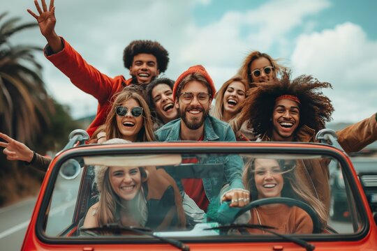A diverse group of young adults carpool in a convertible, chatting and smiling. Highlights sustainability, friendship, and the joy of everyday errands. For eco-friendly and youth-focused campaigns.