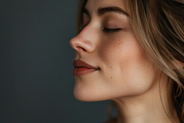 Fototapeta premium A close up of a woman's face with her eyes closed looking to a side