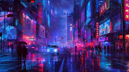 Night neon street at city downtown. Cityscape on dark background with bright and glowing neon lights