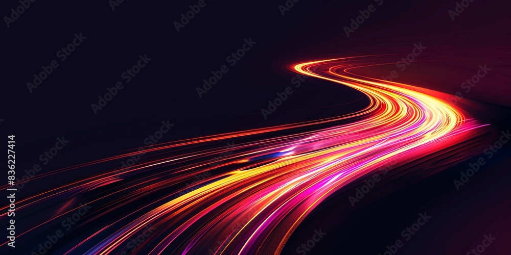 Poster abstract light trails of a fast moving car on a curved road at night, with a background gradient col