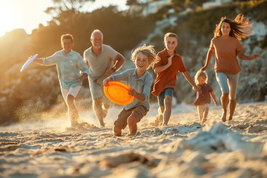 Family playing with frisbee on a sunny beach. Joyful family bonding through outdoor activity during a sunny day at the beach. Ideal for summer, travel, and family unity themes.