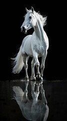 Fototapeta premium Beautiful white horse, full body standing in the water, reflection on black background