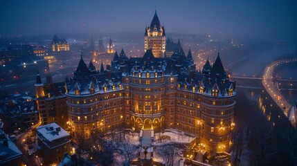 Obraz premium Aerial view of Chateau Frontenac Hotel at night, with illuminated windows and a snowy landscape, overlooking the St. Lawrence River.