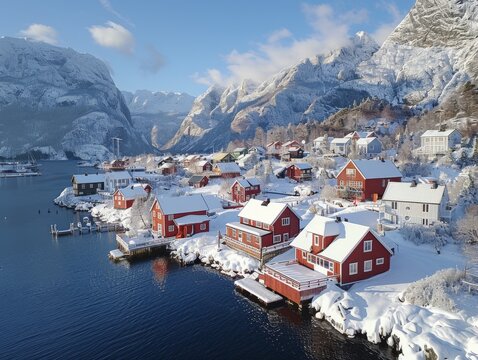 Aerial view of Hus&oslash;y village in winter with snow-covered buildings and mountains in Senja, Norway.