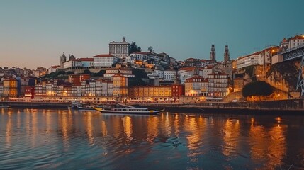 Low-angle view of Dom Luis I Bridge in Porto, Portugal, with illuminated cityscape and river at dusk.