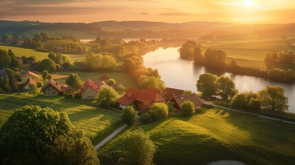 Fototapeta premium A peaceful village with rolling hills and a serene river at sunrise symbolizes pension stability and a secure future.