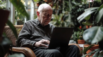 Senior man focused on using a laptop while sitting among lush greenery in a tranquil greenhouse setting. - Powered by Adobe