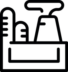 Black and white icon featuring cleaning equipment with spray bottle and scrub brush